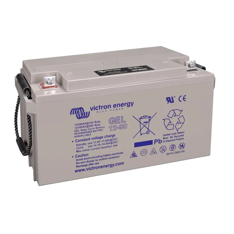 Seitliche Ansicht des Victron Batteriespeichers Gel Deep mit Typenschild