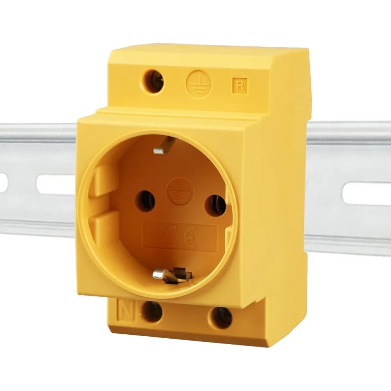 Schuko Steckdose für Hutschiene in Gelb 16A 230V 2P+E für 35mm DIN Trägerschienenmontage