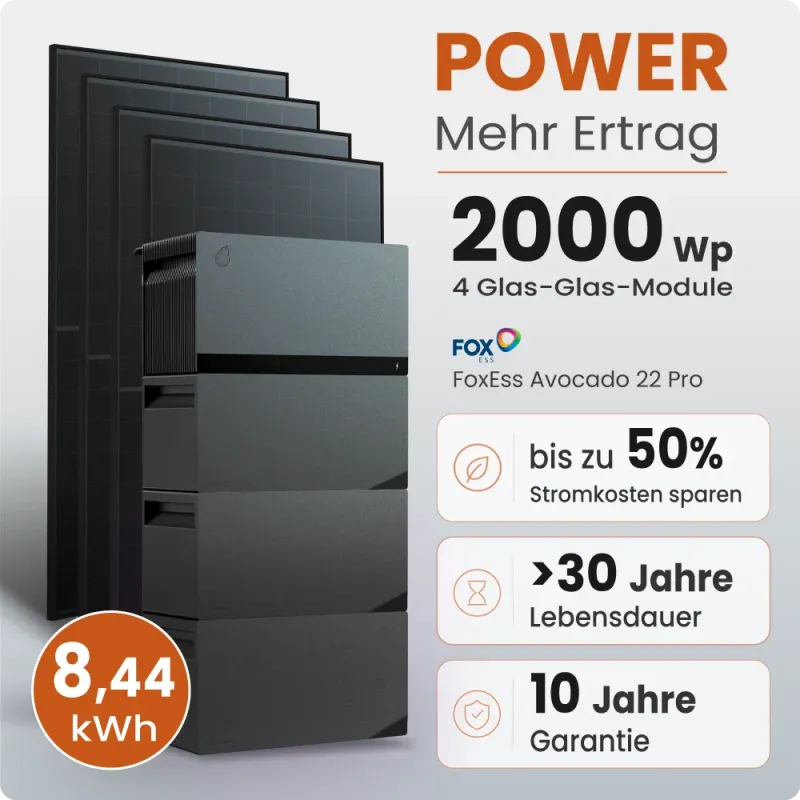 2000W Balkonkraftwerk MaxPower mit 8,44 kWh Speicher FoxEss Avocado