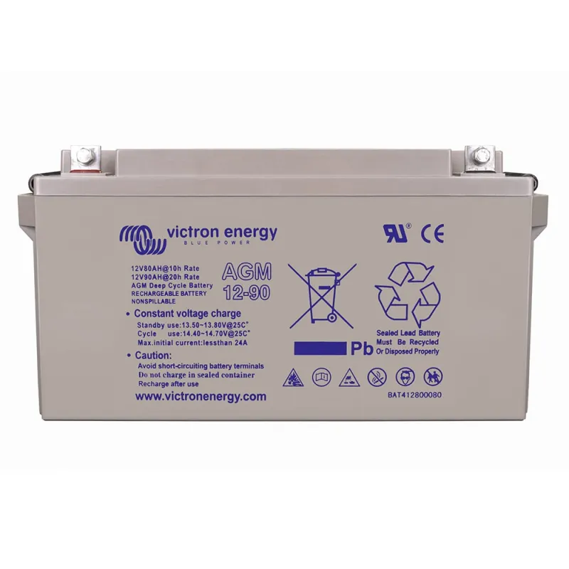 Seitliche Ansicht des Victron Energy AGM-Batteriespeichers mit technischen Details