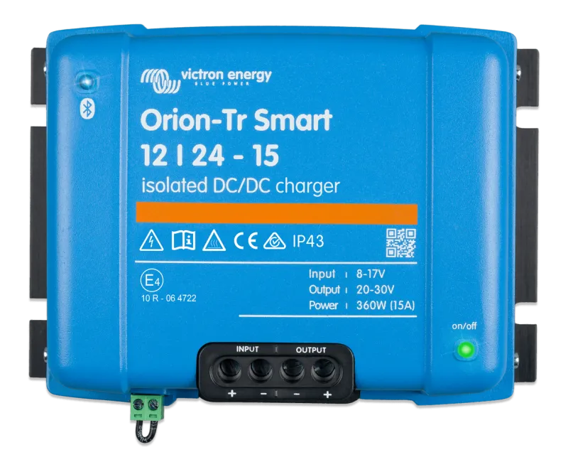Victron Energy Orion-Tr Smart DC-DC Ladebooster mit Anschlüssen und Bluetooth-Funktion.