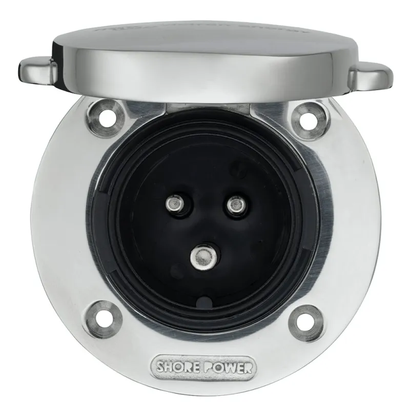 Seitenansicht der Victron Energy Steckdose mit Edelstahlgehäuse und Abdeckung.