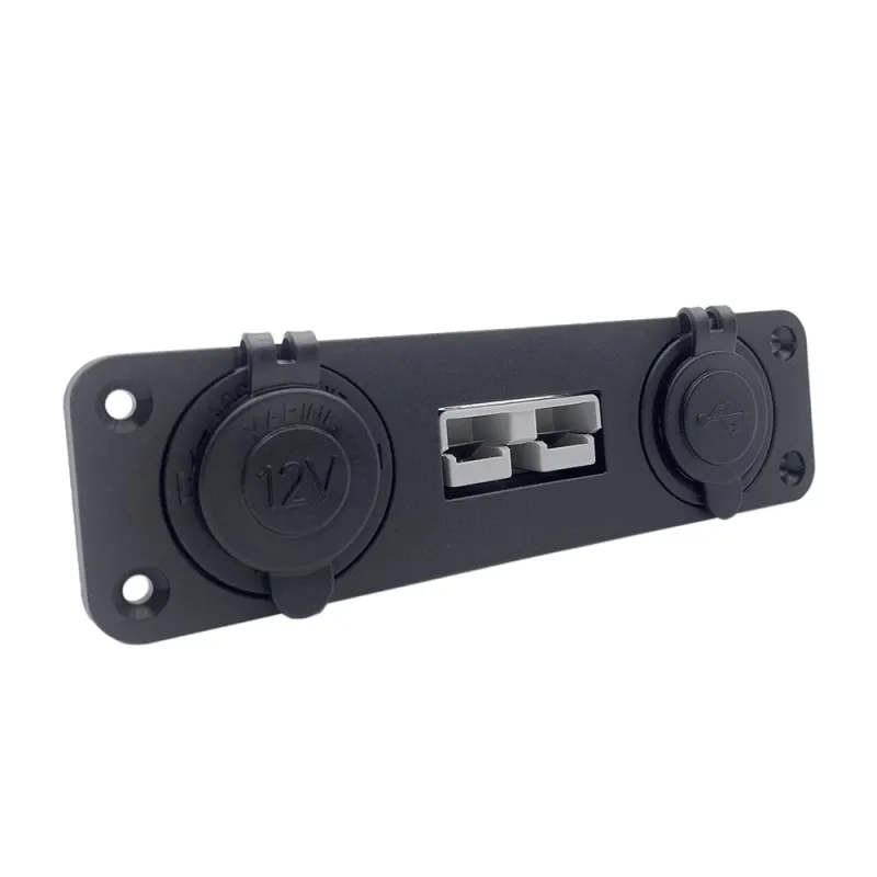 Einbaurahmen Anderson-Stecker, seitliche Ansicht mit Anschlüssen für 12-Volt-Geräte.