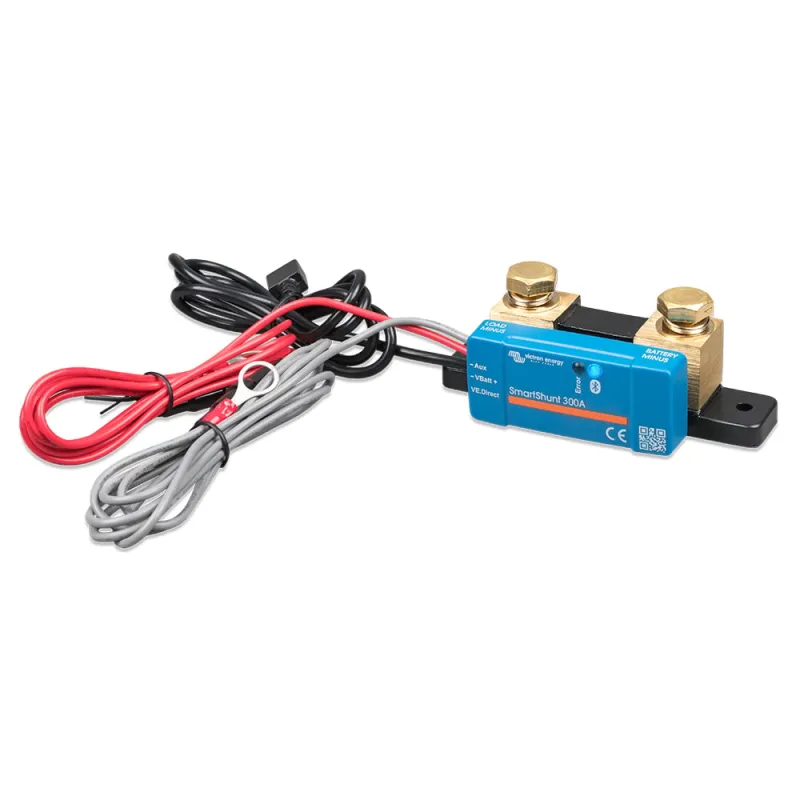Technische Zeichnung des Victron Energy Shunts mit Abmessungen und Anschlüssen.