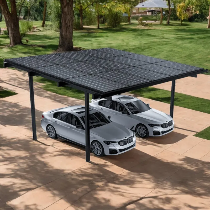Vollständig montierte Unterkonstruktion für PV-Module auf einem Carport für zwei Autos.