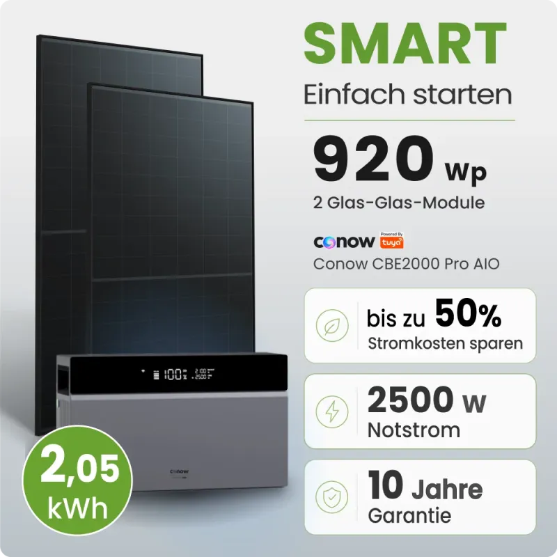 Balkonkraftwerk mit zwei Solarmodulen und 920 Wp Leistung für den Einsatz mit Batteriespeicher.