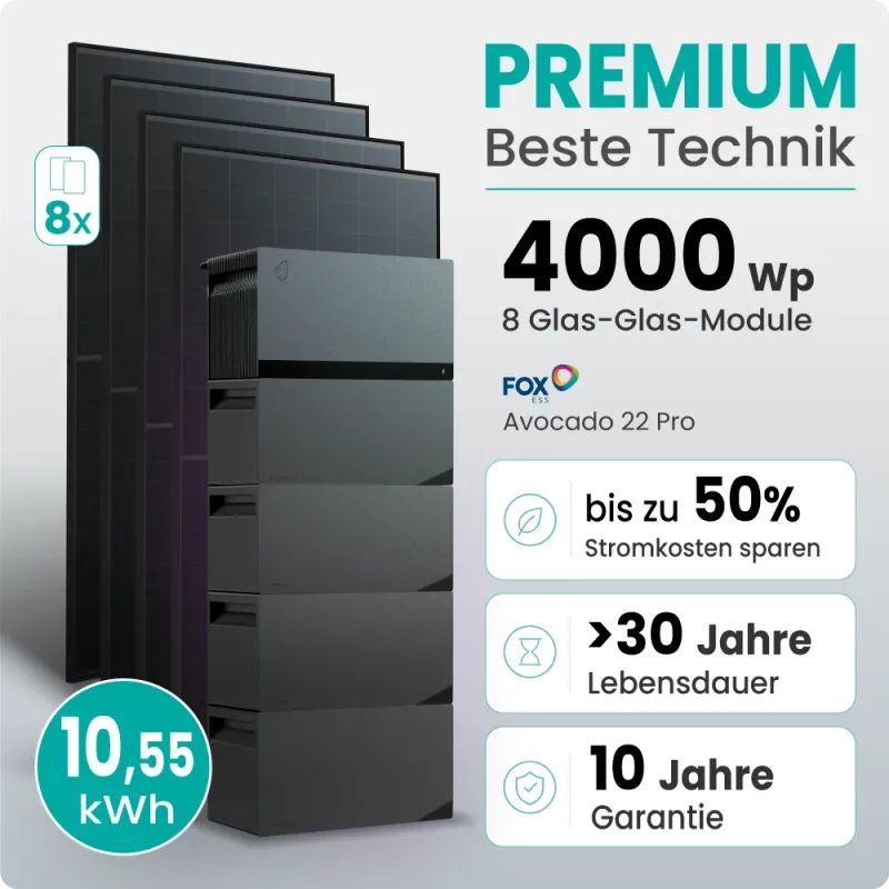 4000W Plug&Play PV-Anlage Premium mit FoxEss Avocado 22 Pro 10,55kWh Speicher