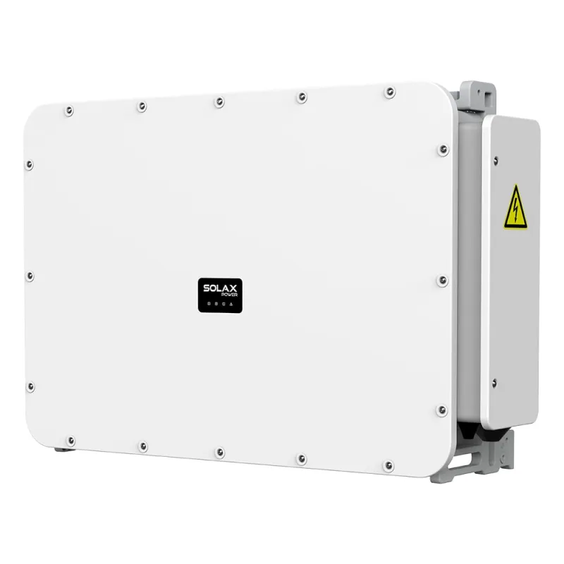 Frontansicht des Solax X3-GRD-300K-HV Wechselrichters mit Display und Anschlüssen.