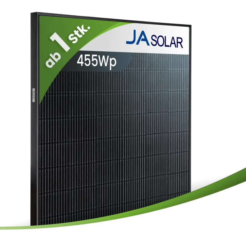 JA Solar Solarmodul JAM54D41-LB mit 455 Wp, schwarzem Rahmen und bifazialer Glas-Glas-Technologie für Photovoltaik-Anlagen.