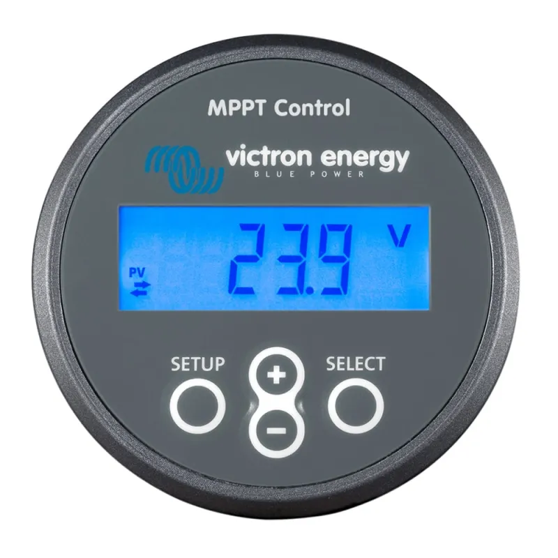 Victron Energy Ferneingabegerät Display mit Anschlusskabel für MPPT-Laderegler, seitliche Ansicht.