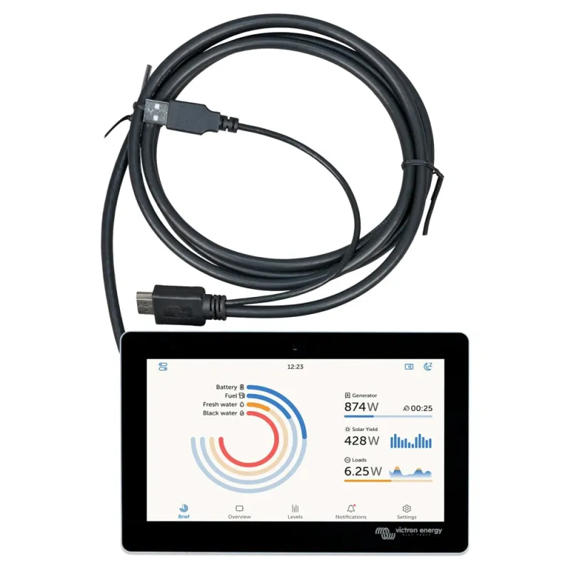 Frontansicht des Victron Energy Fern-Displays mit übersichtlicher Datenanzeige.