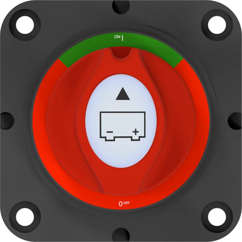 Seitliche Ansicht des Batterietrennschalters für 12V- 24V- und 48V-Systeme.