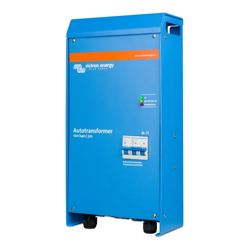 Rückansicht des Victron Spartransformators 120/240VAC-32A mit Kühlrippen.