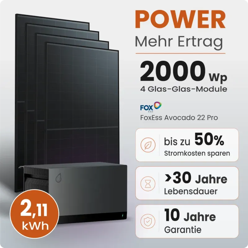 2000W Balkonkraftwerk Power mit 2,11 kWh Speicher FoxEss Avocado