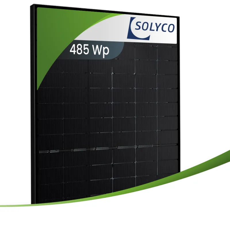 Solyco R-BG 108nBC.6 Photovoltaikmodul mit 485 Wp in Fullblack-Optik, Ansicht von vorne