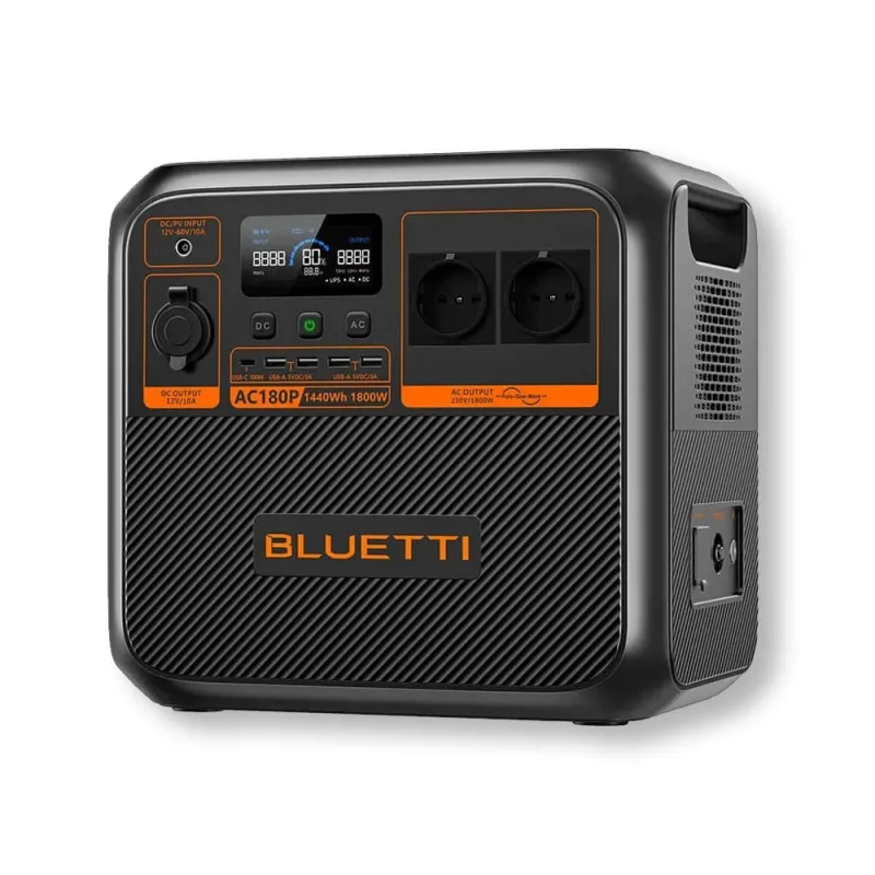 Bluetti AC180P Powerstation im Einsatz mit angeschlossenen Geräten.