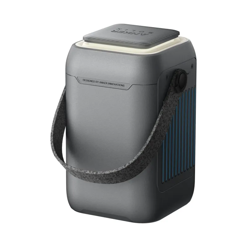 Seitliche Ansicht der Anker SOLIX C300X Powerstation mit Tragegriff.