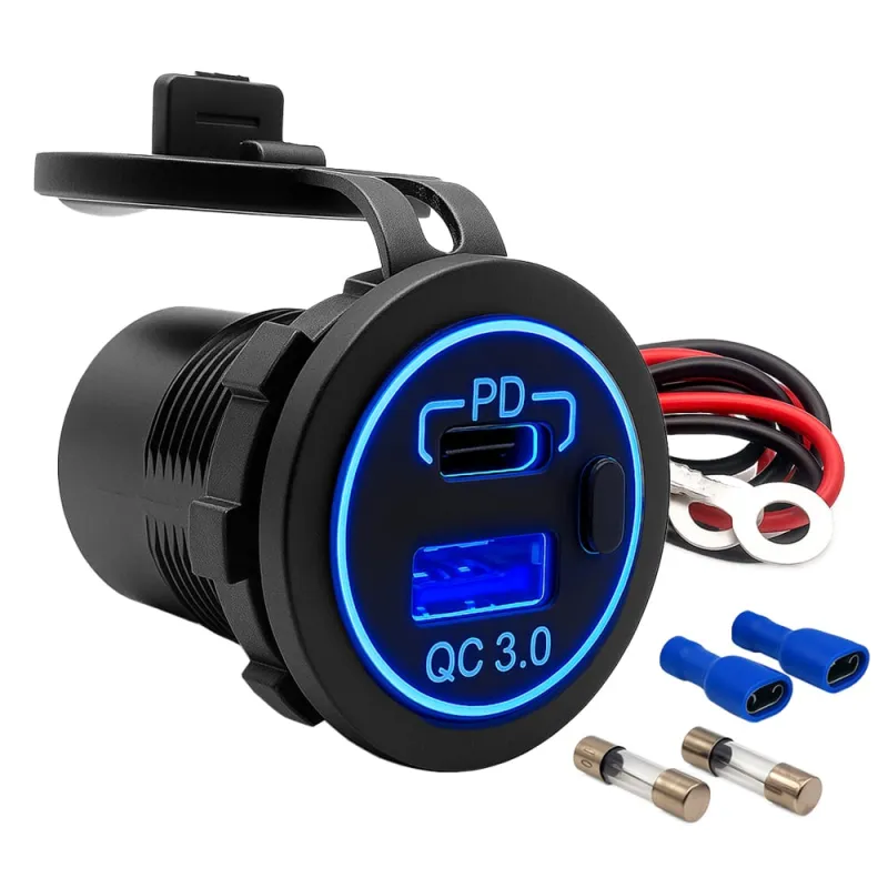 USB-Doppelsteckdose 12V/24V 2x 18W USB-A + USB-C Kfz-Ladeadapter mit Abdeckung