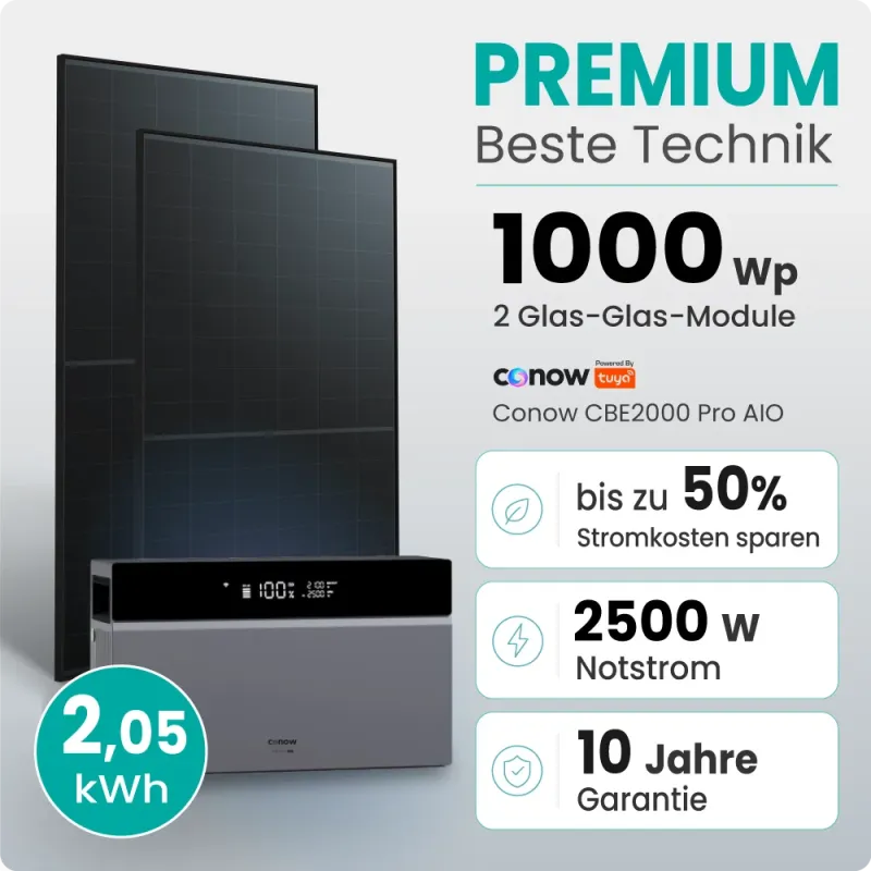 1000W Balkonkraftwerk Premium mit Conow Pro 2kWh Speicher by Tuya Smart