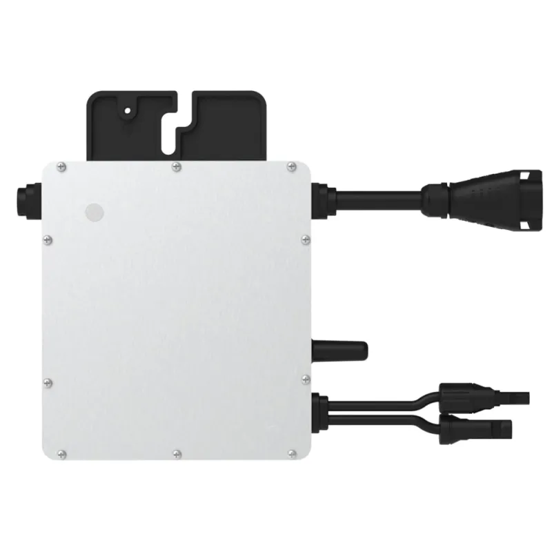Rückansicht des Hoymiles HMS-450-1T Microinverters mit Montagehalterung und Kabelausgang.