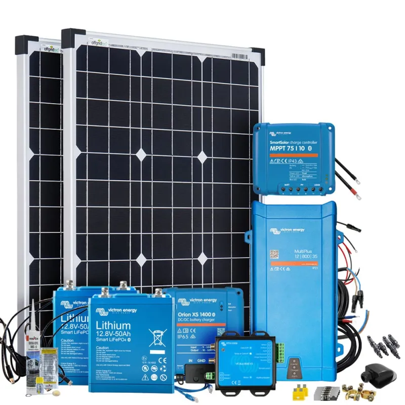 Mobil VeCore S 100W 1280Wh Wohnmobil Solaranlage inkl. MultiPlus12/800/35 Wechselrichter, Batterieladegrät und Laderegler - schwarz