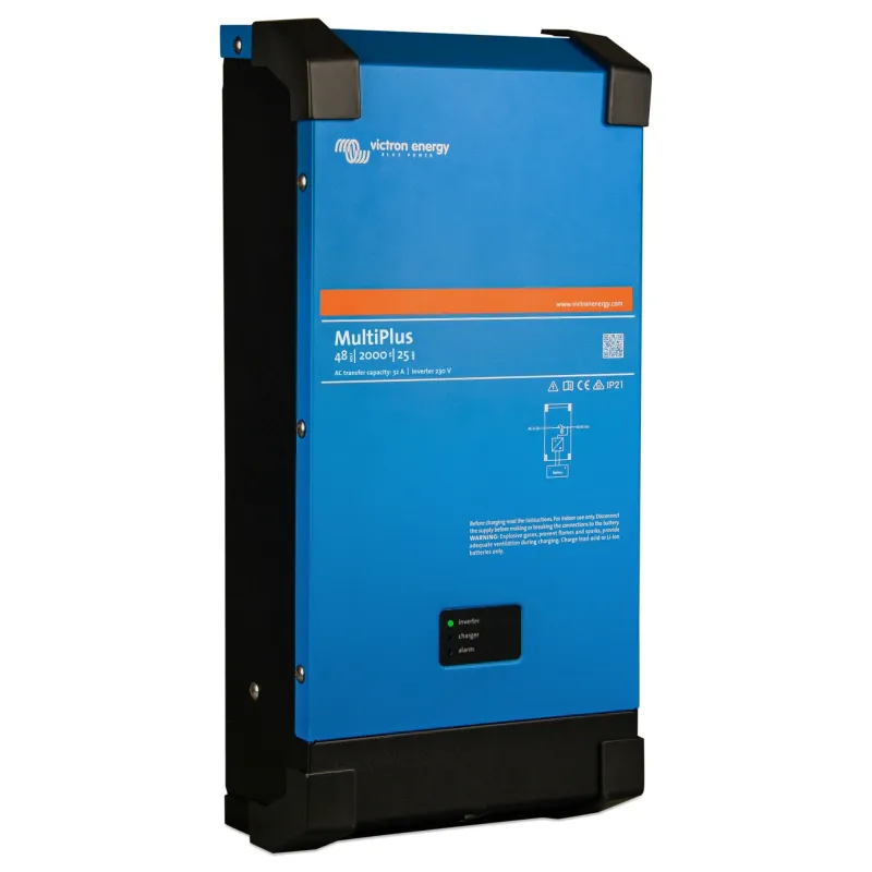 Technische Zeichnung des Multiplus 48/2000/25-32 mit Abmessungen und Anschlüssen.