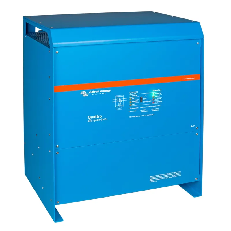 Seitliche Ansicht des Victron Energy Wechselrichters mit Kühlrippen und Montagehalterungen.