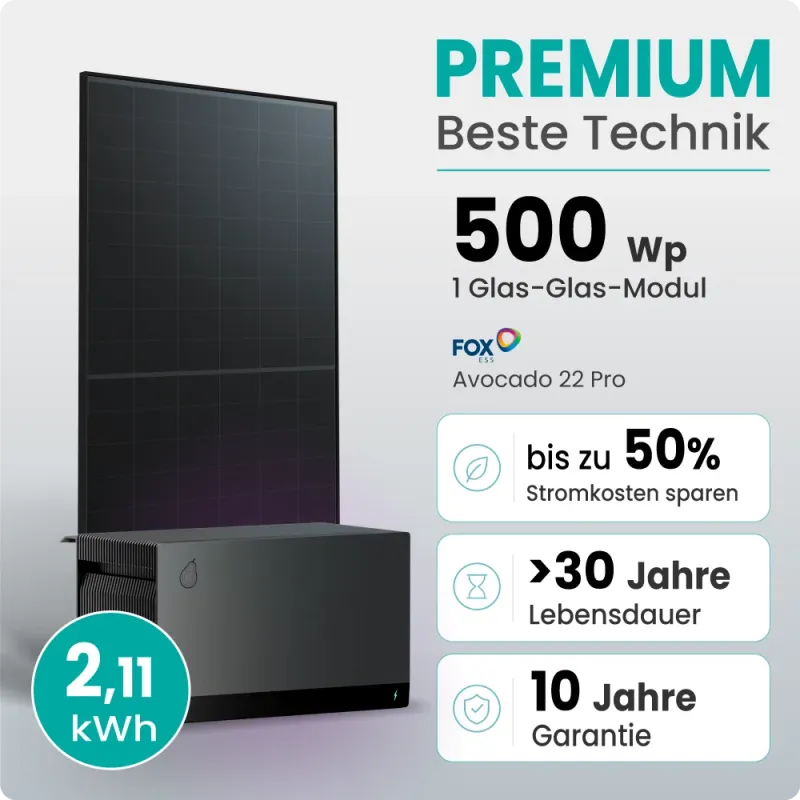 500W Balkonkraftwerk Premium mit FoxEss Avocado 22 Pro 2,11kWh Speicher