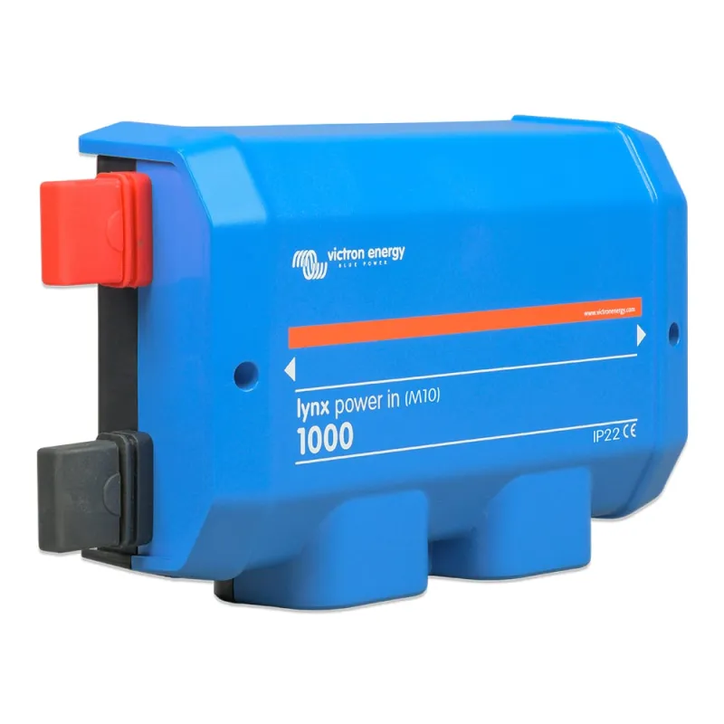 Technische Zeichnung des Victron Energy Sammelschienensystems mit Maßen und Anschlüssen.