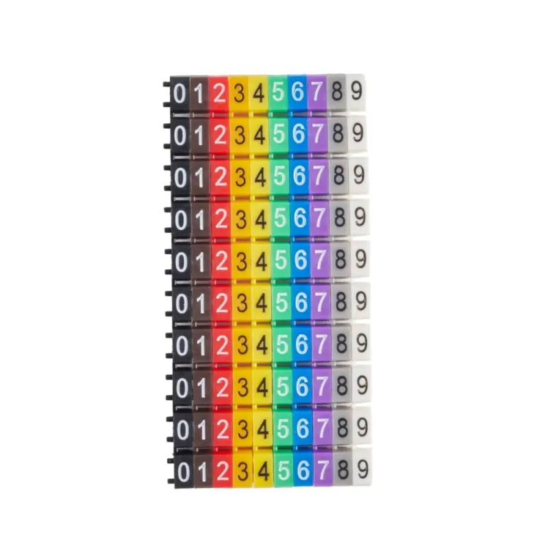 Aufsicht auf Kabelmarker Clips aus PVC, beschriftet mit Ziffern 0 bis 9.