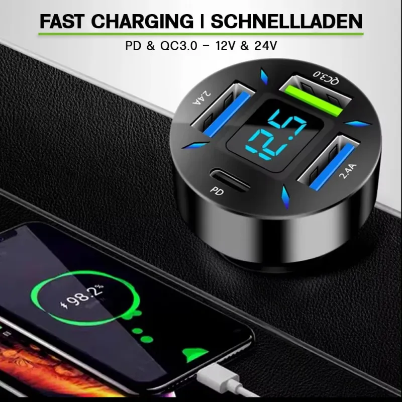 4 Port USB-C Auto Ladegerät 50W QC3.0 PD mit LED-Voltmeter Zigarettenanzünder Adapter – Bild 2