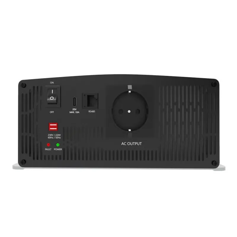 Seitliche Ansicht des PSI Spannungswandlers mit Kühlrippen und Anschlüssen für 24V und 230V.
