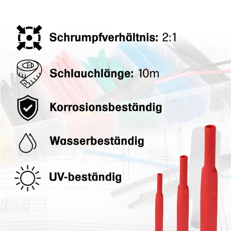 10 m Schrumpfschlauch 3,2 mm auf 1,6 mm Rot 2:1 – Kabelisolierung
