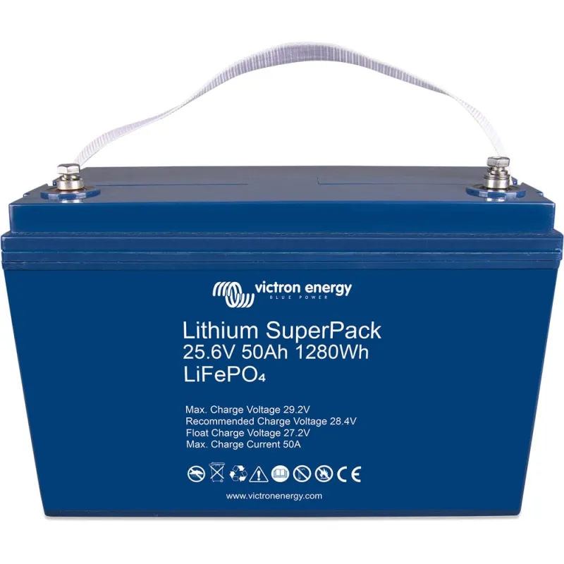 Seitenansicht der Victron Energy Lithium-Batterie SuperPack 25,6V/50Ah mit Abmessungen und Anschlüssen.