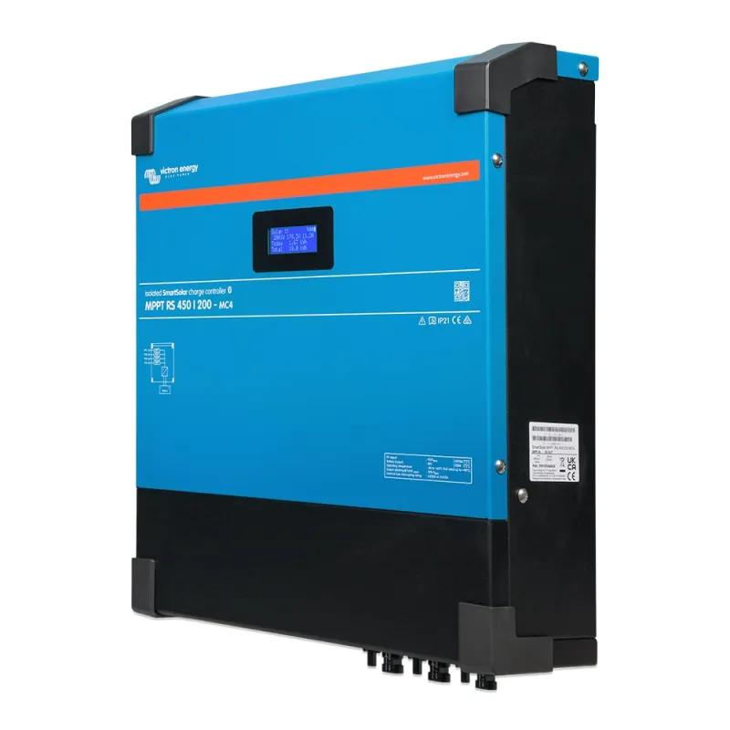 Seitliche Ansicht des Victron Energy Solar MPPT Ladereglers mit Kühlrippen für Wärmeableitung.