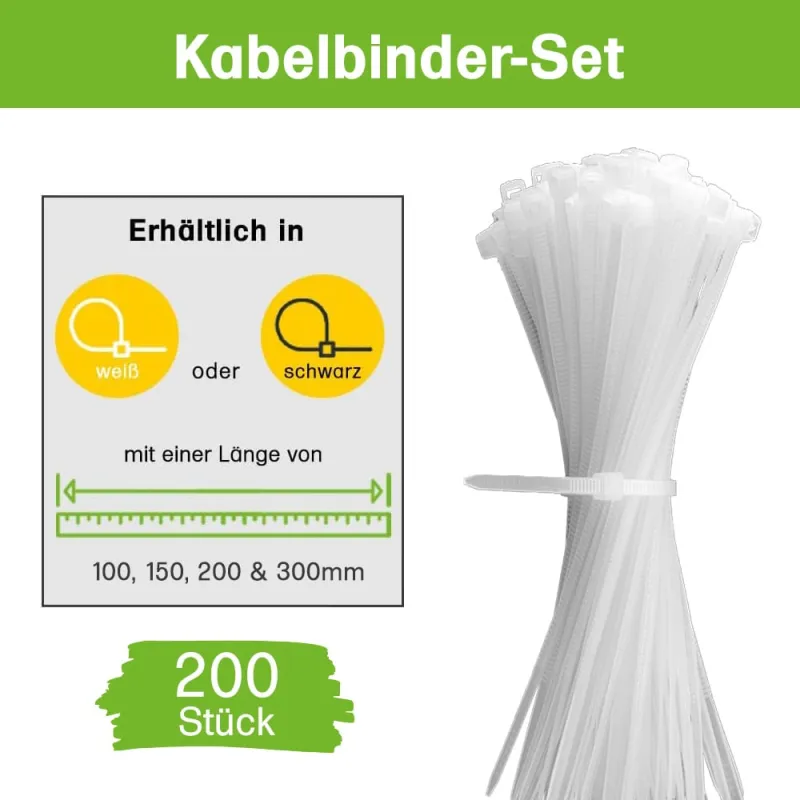 Kabelbinder 200 Stk. weiß Nylon UV-Beständig Verschiedene Längen 100mm 150mm 200mm 300mm – Bild 2