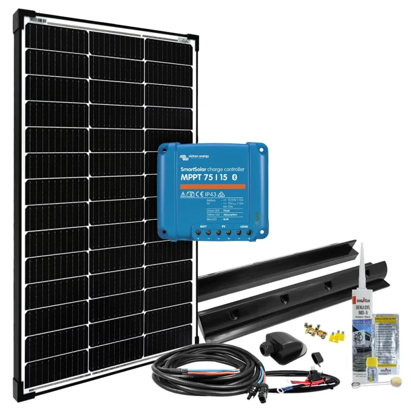 Ansicht der mPremium+ L Solaranlage mit Anschlusskabeln und MC4-Steckern.