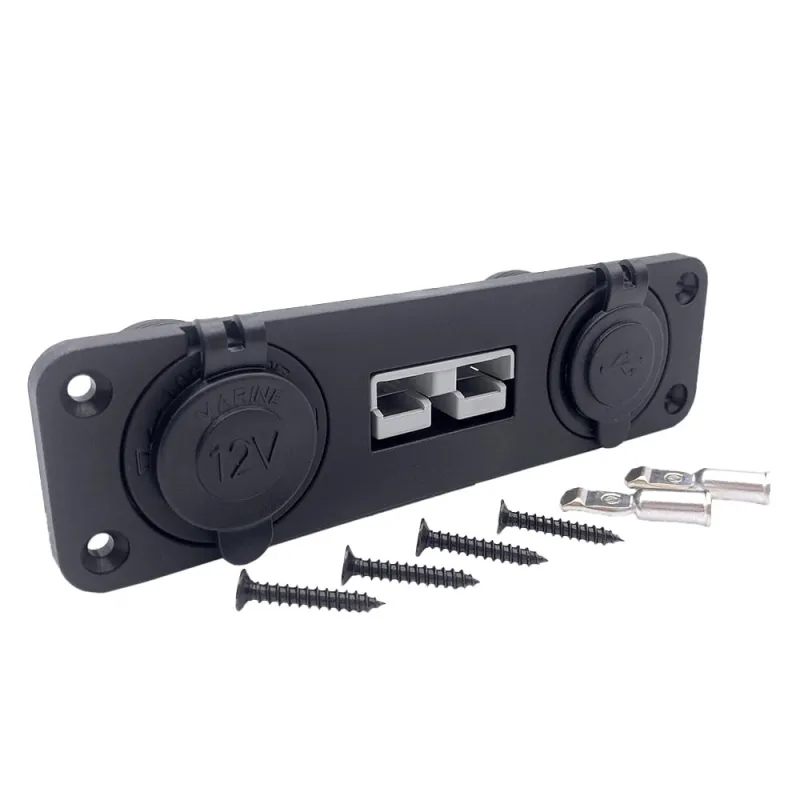 Einbaurahmen Anderson-Stecker mit USB- und 12-Volt-Zigarettenanzünder-Buchse, Frontansicht.