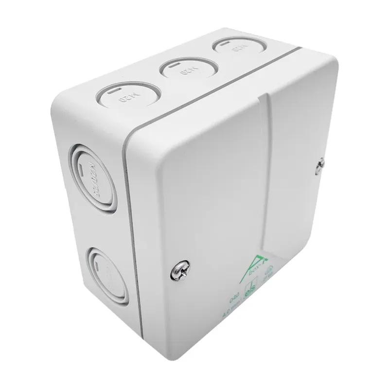 Montageansicht der Spelsberg Verbindungsdose Abox-i m 040-L mit Kabeldurchführungen.