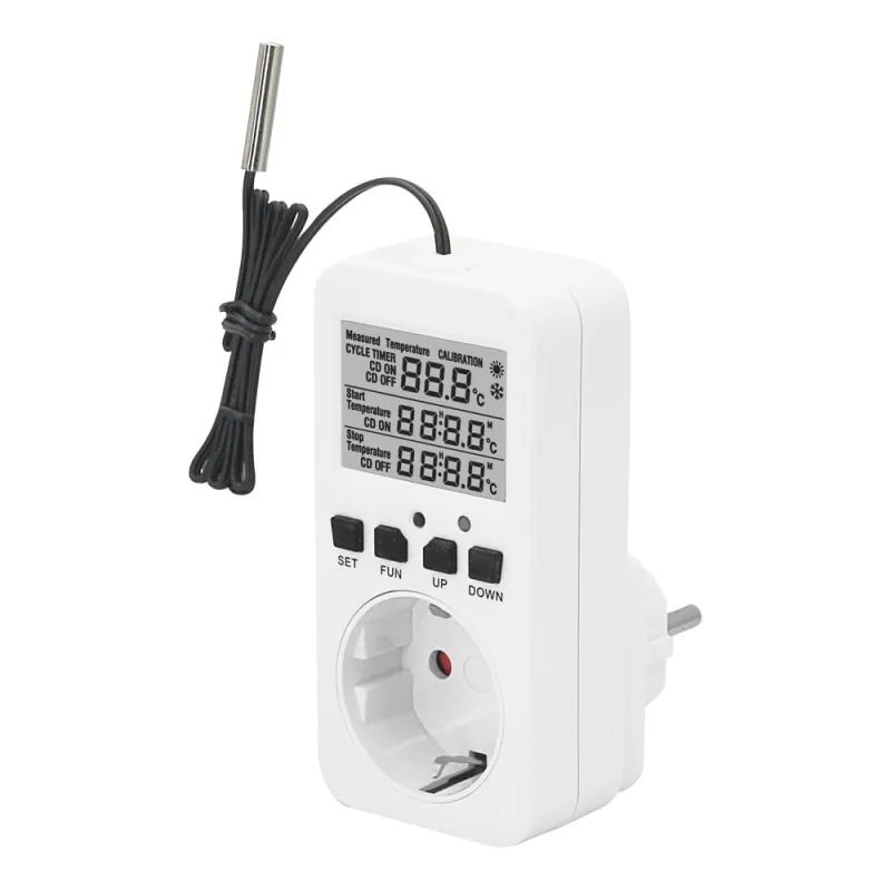 Seitliche Ansicht des Temperaturreglers Steckdose mit Tasten und Anzeige.