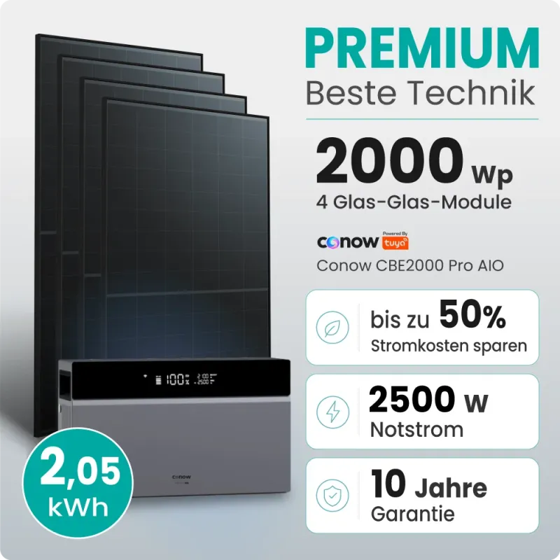 Balkonkraftwerk mit Batteriespeicher, 2.000 Wp DC-Leistung und 2 kWh Speicherkapazität im Set
