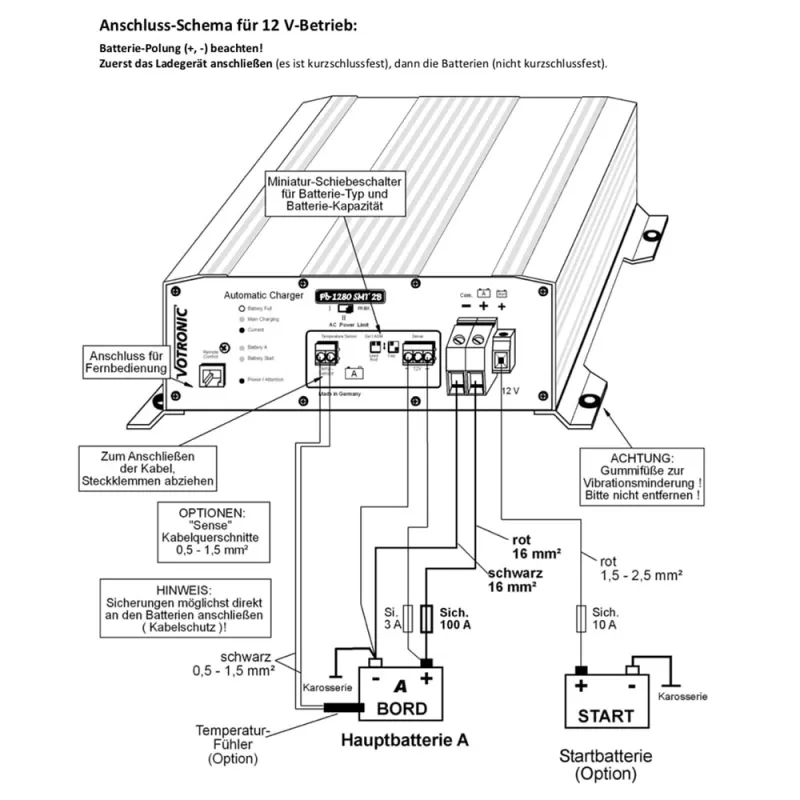 Rückansicht des Votronic 6250 Pb 2440 SMT 2B Ladegeräts für 24V Batteriespeicher.