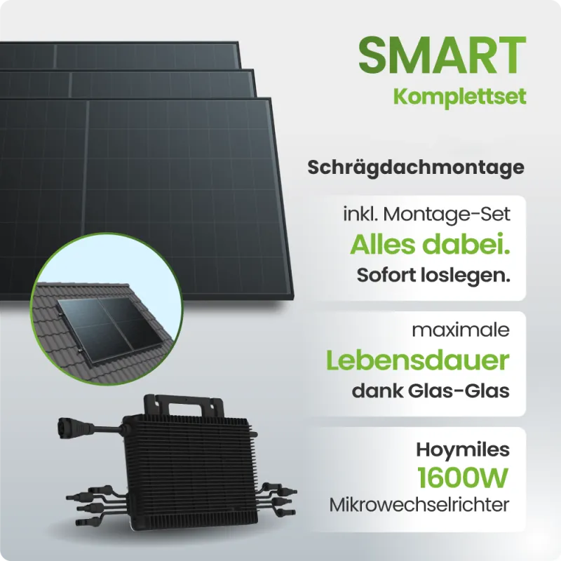 1380Wp Balkonkraftwerk Smart mit Hoymiles Mikrowechselrichter - Schrägdachmontage