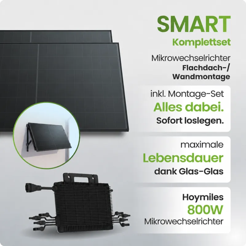920Wp Balkonkraftwerk Smart mit Hoymiles Mikrowechselrichter - Flachdach/Wandmontage