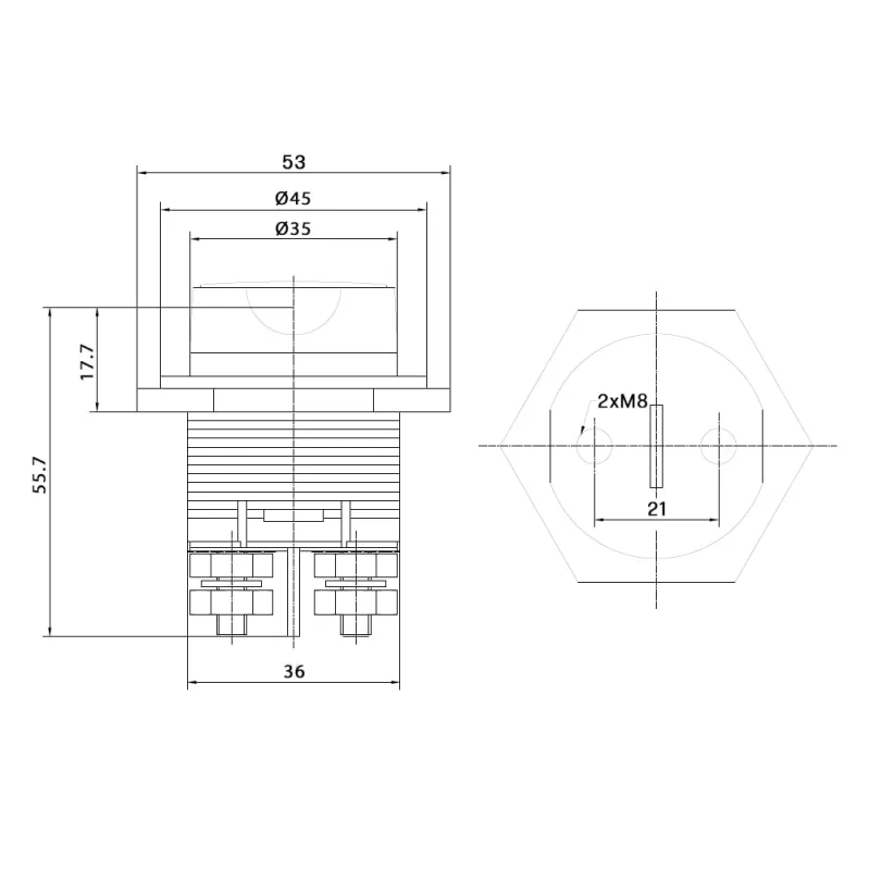 Seitliche Ansicht des 48V Batterietrennschalters mit M8-Anschlüssen für Photovoltaik-Anlagen.