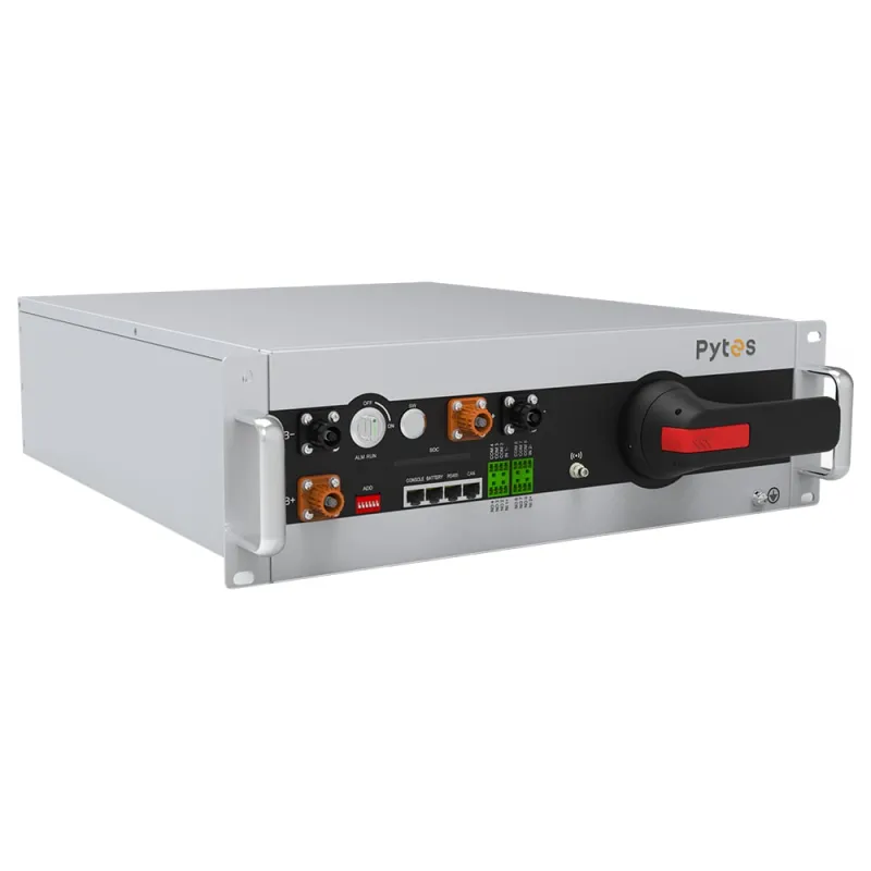 Seitliche Ansicht der Pytes HV48100 BCU Steuerungseinheit für Batteriespeicher.
