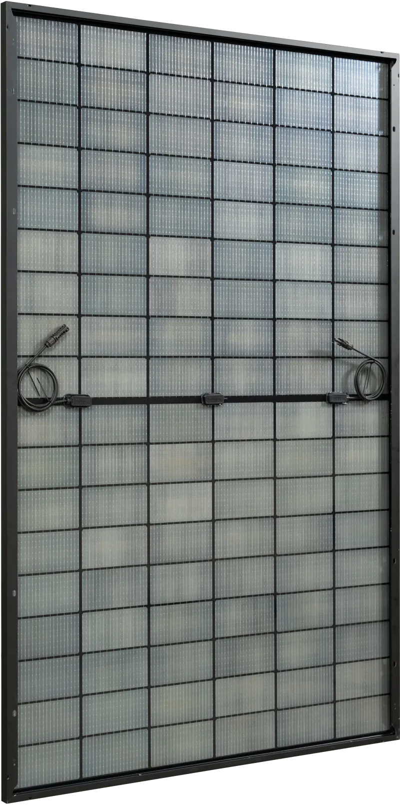 Schräge Rückansicht des BAUER Solar Solarmoduls BS-108M10BCBB-GG mit schwarzer Rahmenoptik.