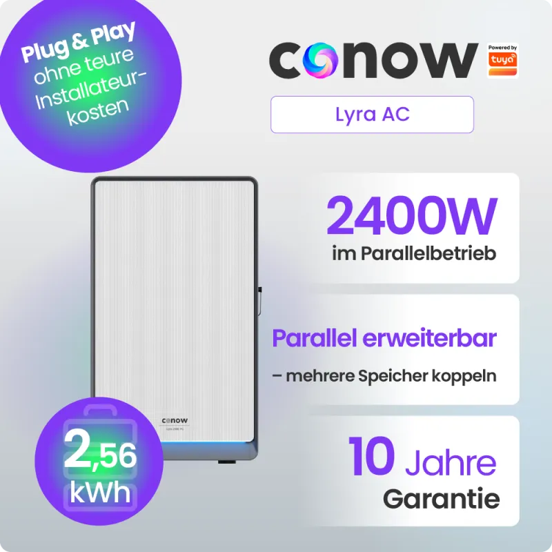 Conow Batteriespeicher Lyra mit AC-Kopplung für Balkonkraftwerke, Frontansicht