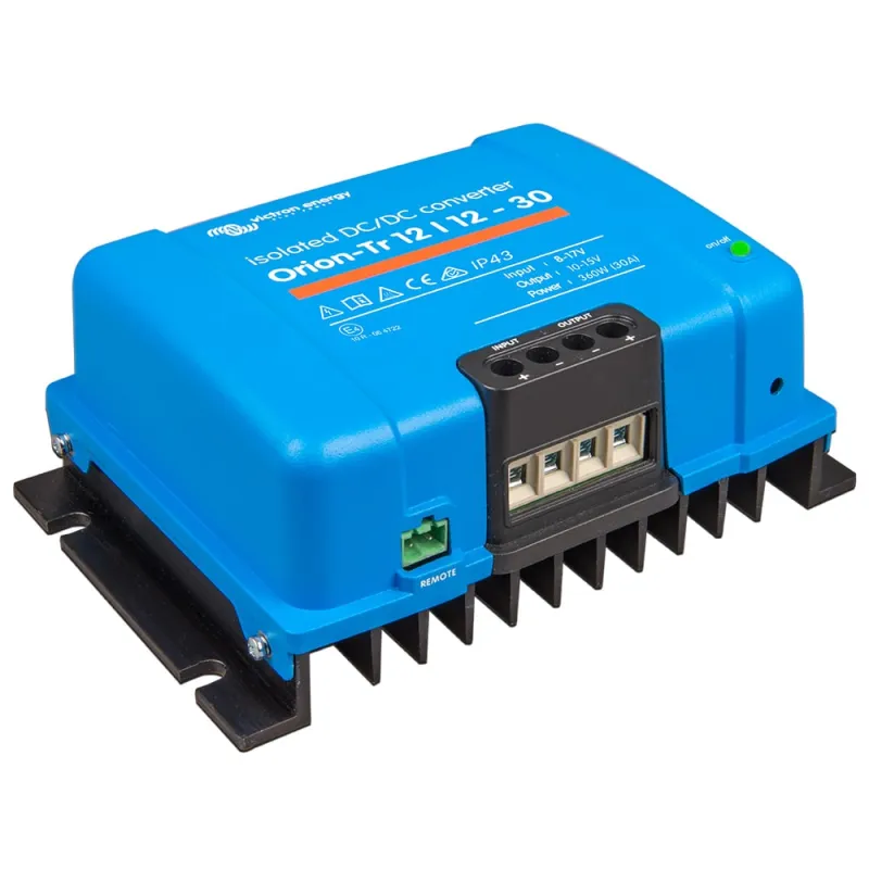 Seitliche Ansicht des kompakten Victron Energy DC/DC Wandlers mit technischen Details