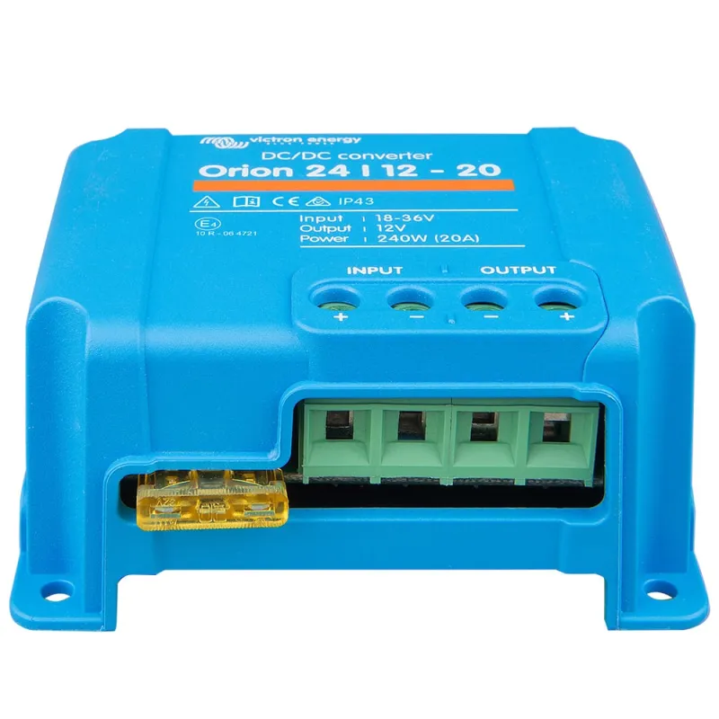 Seitliche Ansicht des Victron Energy DC/DC Wandlers mit technischen Details